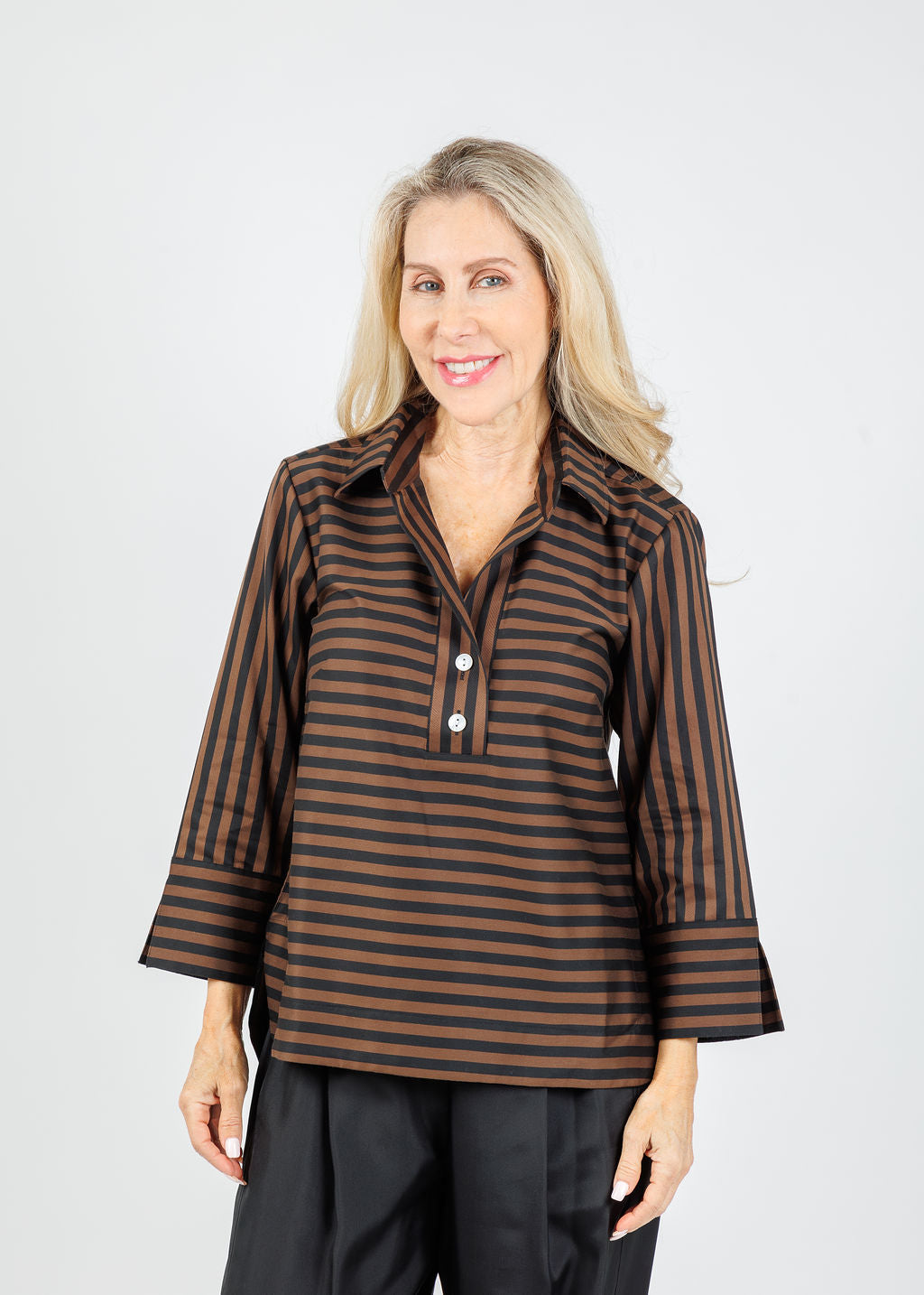 Hinson Wu Aileen 3/4 Sleeve Classic Stripe Shirt in Caramel/Black available at Barbara Katz