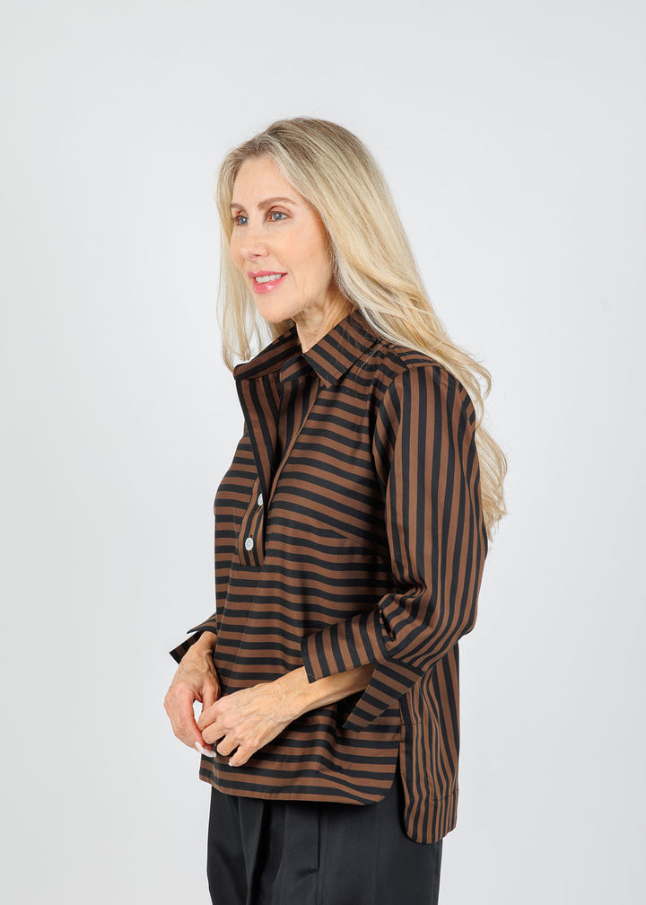 Hinson Wu Aileen 3/4 Sleeve Classic Stripe Shirt in Caramel/Black available at Barbara Katz