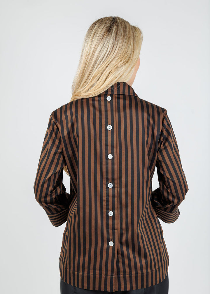 Hinson Wu Aileen 3/4 Sleeve Classic Stripe Back Button Top in Caramel/Black available at Barbara Katz