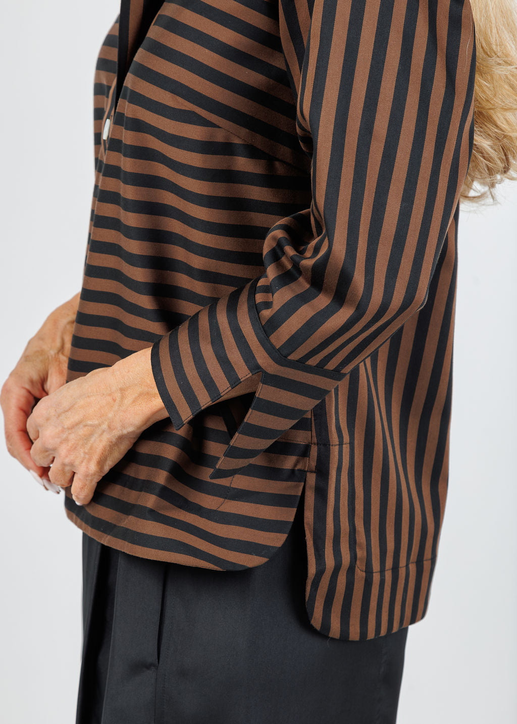 Hinson Wu Aileen 3/4 Sleeve Classic Stripe Shirt in Caramel/Black available at Barbara Katz