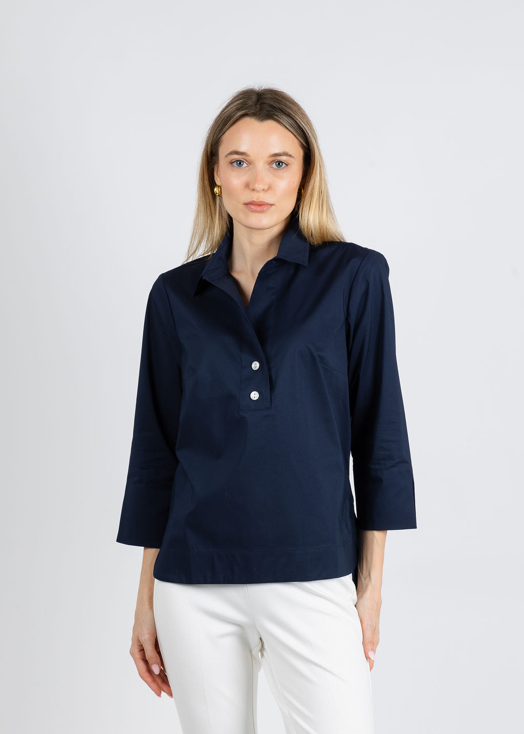 Hinson Wu Aileen 3/4 Sleeve Button Back Top in Navy available at Barbara Katz