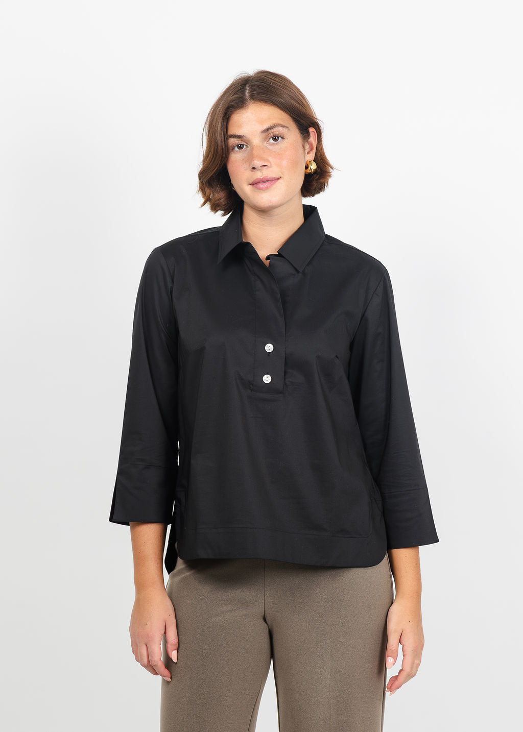Hinson Wu Aileen 3/4 Sleeve Button Back Top in Black available at Barbara Katz