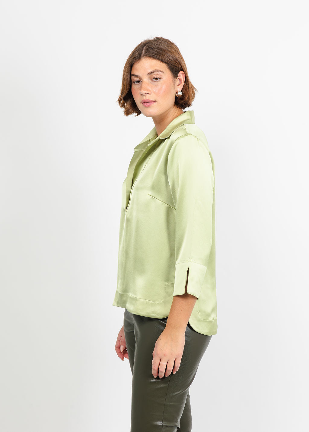 Hinson Wu Aileen 3/4 Sleeve Liquid Satin Top in Pistachio available at Barbara Katz