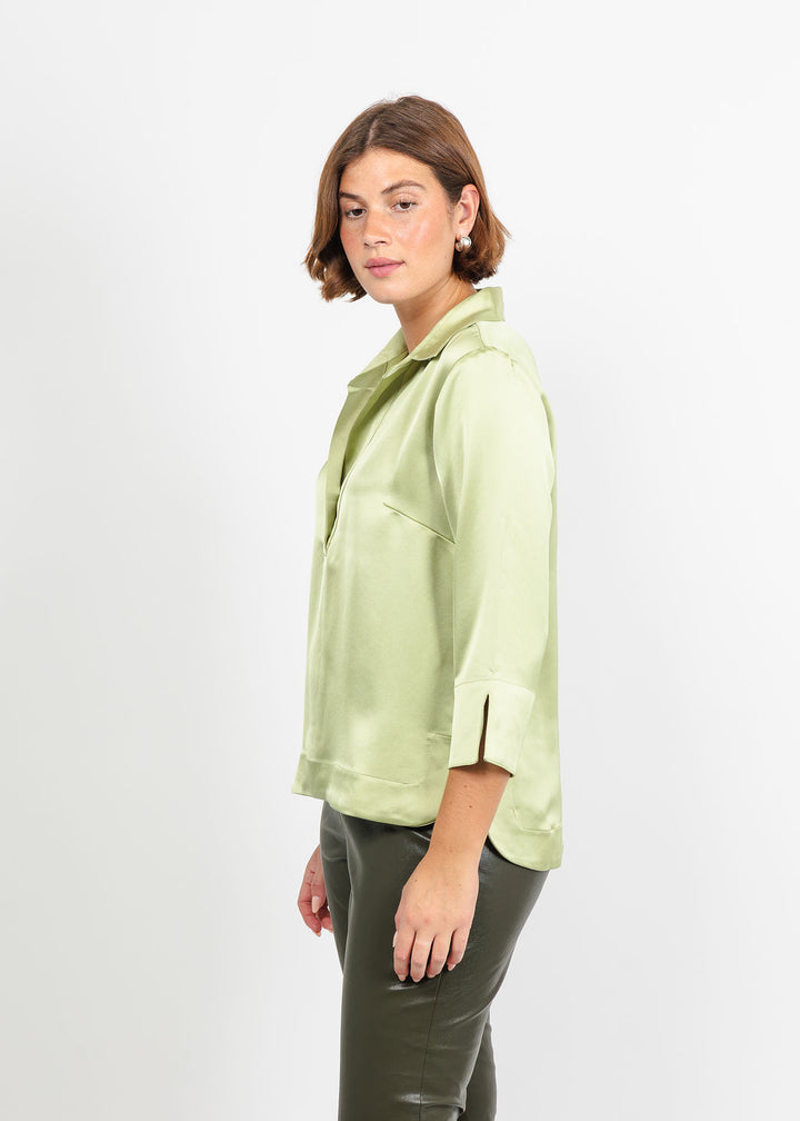Hinson Wu Aileen 3/4 Sleeve Liquid Satin Top in Pistachio available at Barbara Katz