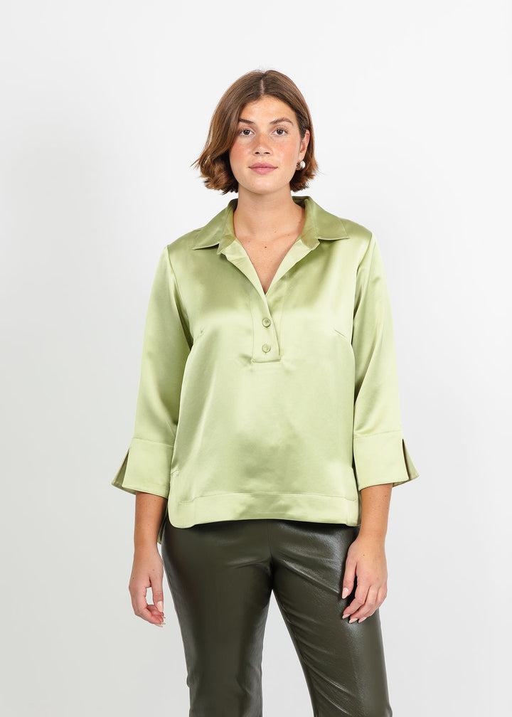 Hinson Wu Aileen 3/4 Sleeve Liquid Satin Top in Pistachio available at Barbara Katz