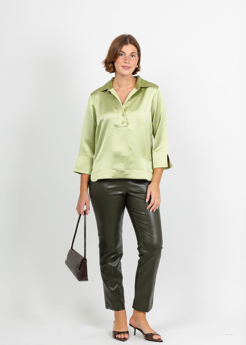 Hinson Wu Aileen 3/4 Sleeve Liquid Satin Top in Pistachio available at Barbara Katz
