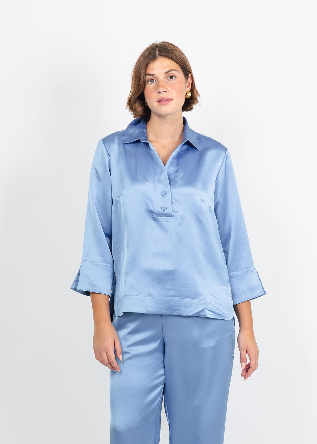 Hinson Wu Aileen 3/4 Sleeve Liquid Satin Top in Sky Blue available at Barbara Katz