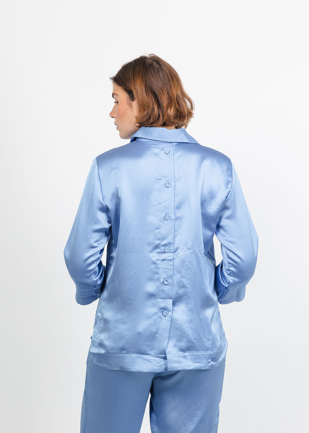 Hinson Wu Aileen 3/4 Sleeve Liquid Satin Top in Sky Blue available at Barbara Katz