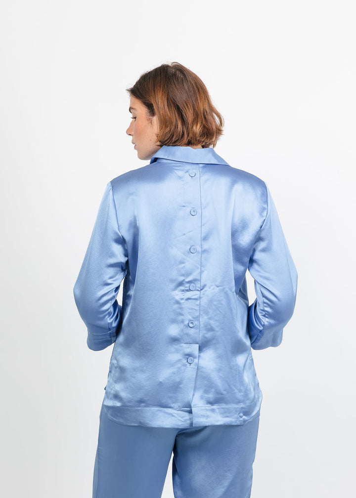 Hinson Wu Aileen 3/4 Sleeve Liquid Satin Top in Sky Blue available at Barbara Katz