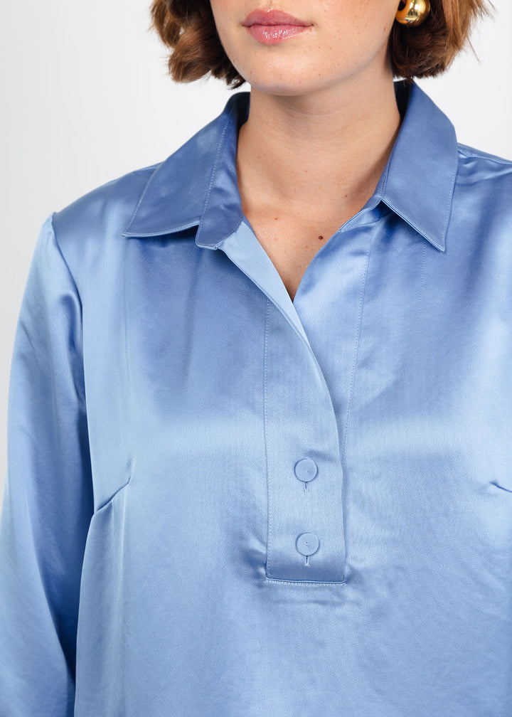 Hinson Wu Aileen 3/4 Sleeve Liquid Satin Top in Sky Blue available at Barbara Katz