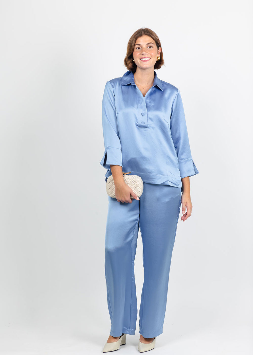 Hinson Wu Aileen 3/4 Sleeve Liquid Satin Top and Hostess Liquid Satin Pant in Sky Blue available at Barbara Katz