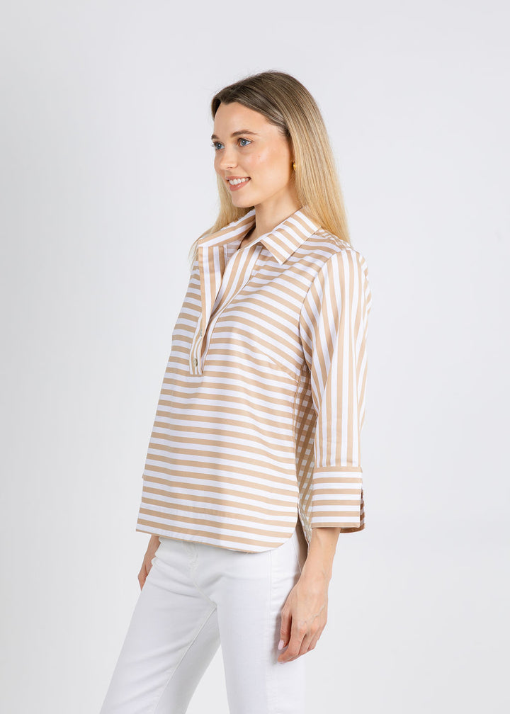 Hinson Wu Aileen 3/4 Sleeve Stripe Gingham Combo Shirt in Latte/White available at Barbara Katz