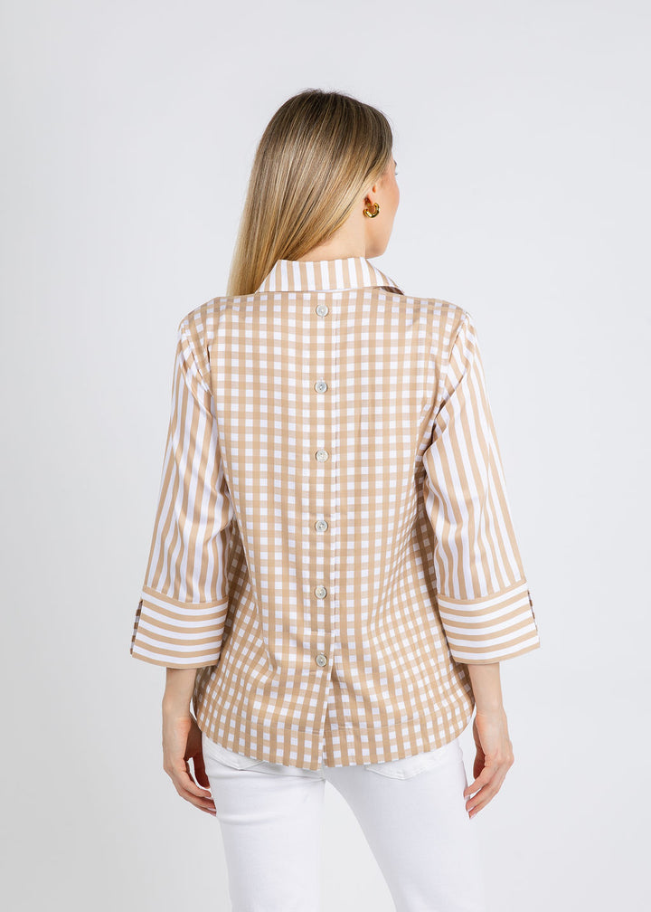Hinson Wu Aileen 3/4 Sleeve Stripe Gingham Combo Shirt in Latte/White available at Barbara Katz