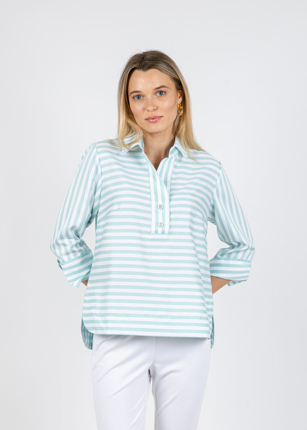 Hinson Wu Aileen 3/4 Sleeve Stripe Gingham Combo Shirt in Seaglass available at Barbara Katz