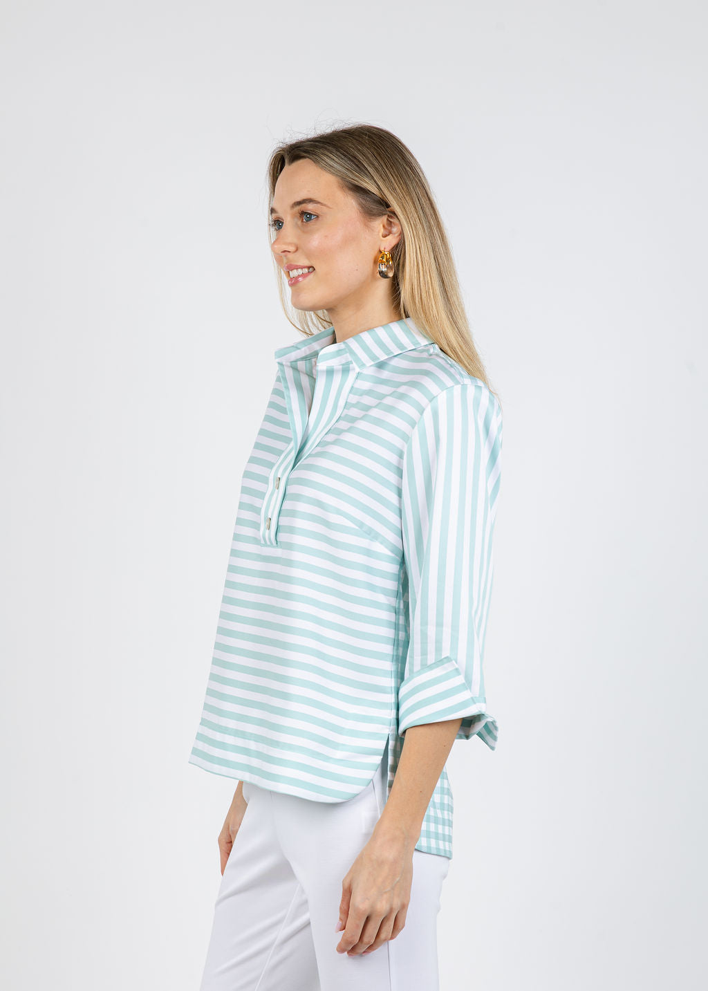 Hinson Wu Aileen 3/4 Sleeve Stripe Gingham Combo Shirt in Seaglass available at Barbara Katz