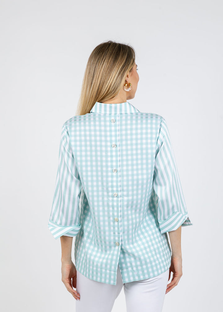 Hinson Wu Aileen 3/4 Sleeve Stripe Gingham Combo Shirt in Seaglass available at Barbara Katz