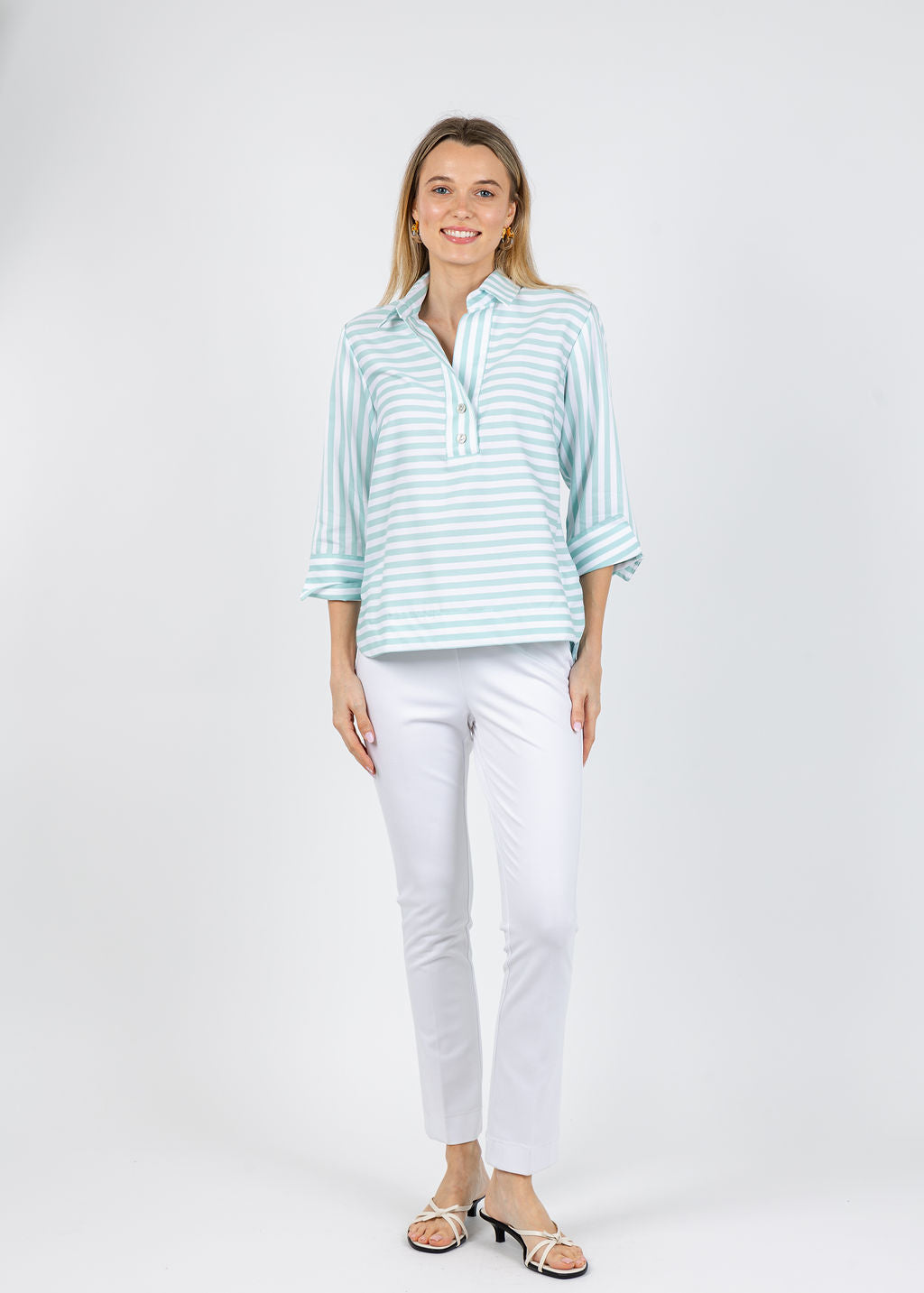 Hinson Wu Aileen 3/4 Sleeve Stripe Gingham Combo Shirt in Seaglass available at Barbara Katz