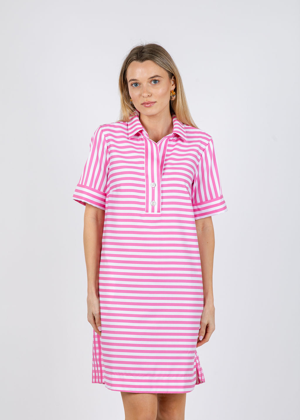 Hinson Wu Aileen Short Sleeve Stripe Gingham Dress in Guava available at Barbara Katz