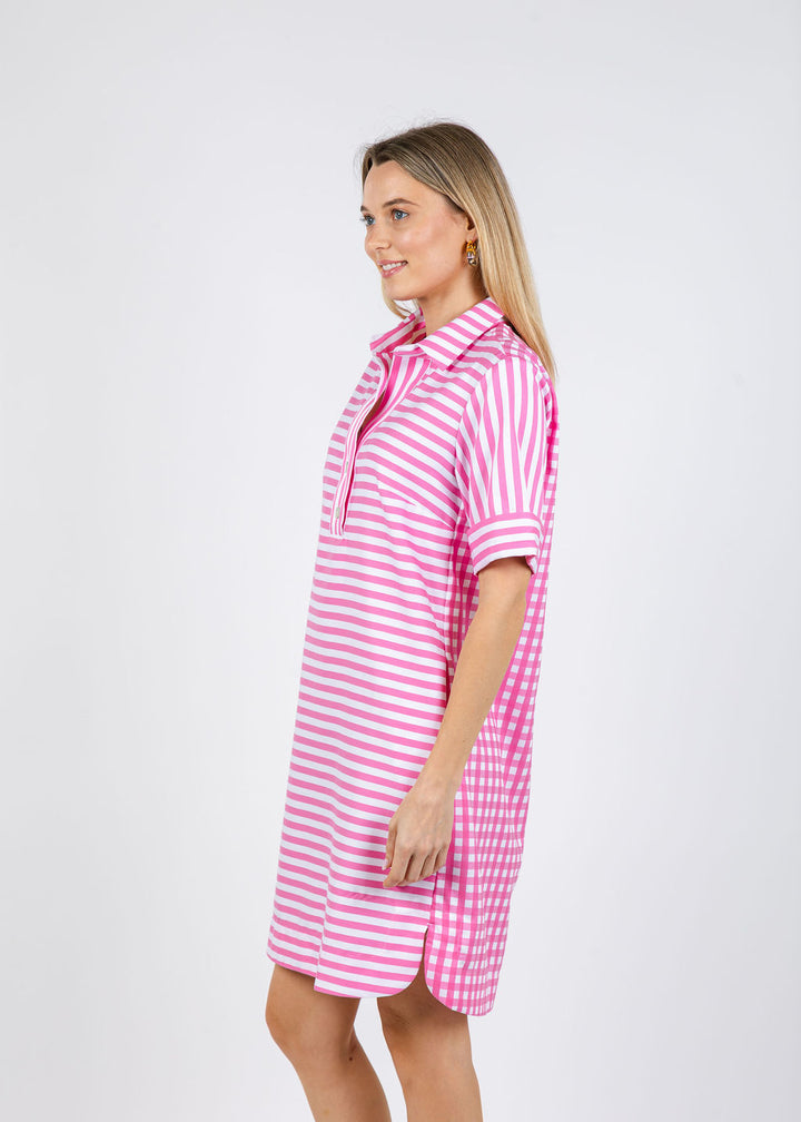 Hinson Wu Aileen Short Sleeve Stripe Gingham Dress in Guava available at Barbara Katz