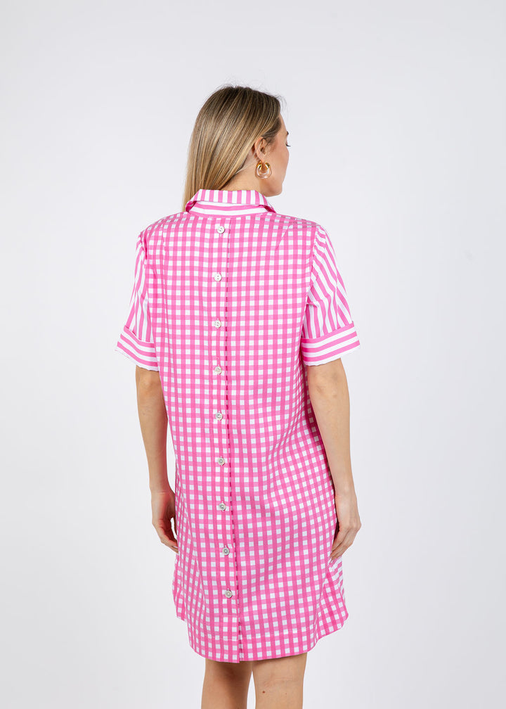 Hinson Wu Aileen Short Sleeve Stripe Gingham Dress in Guava available at Barbara Katz