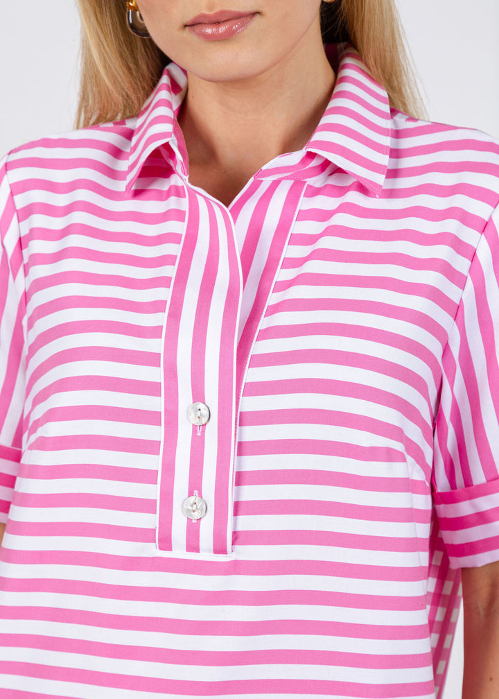 Hinson Wu Aileen Short Sleeve Stripe Gingham Dress in Guava available at Barbara Katz