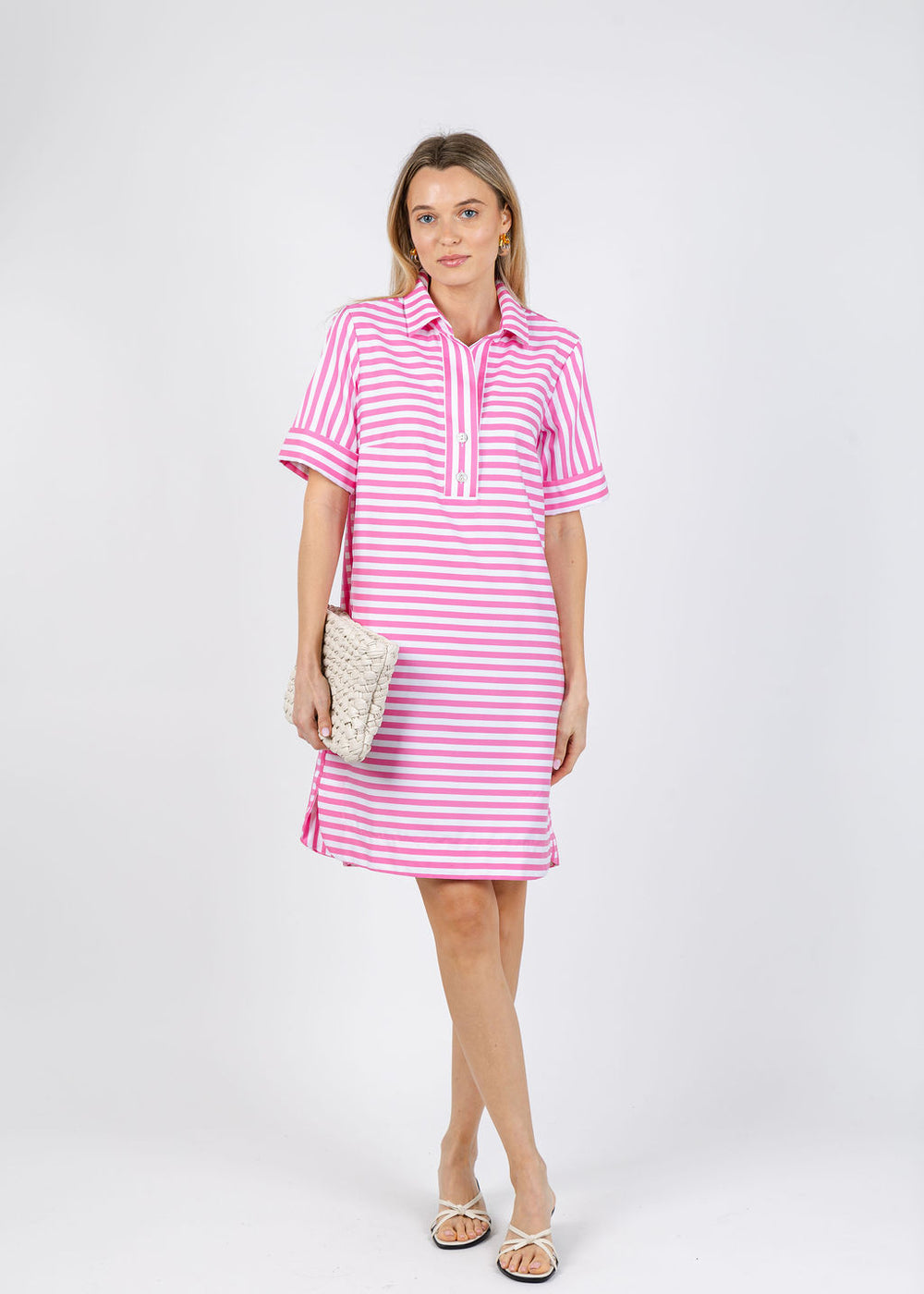 Hinson Wu Aileen Short Sleeve Stripe Gingham Dress in Guava available at Barbara Katz