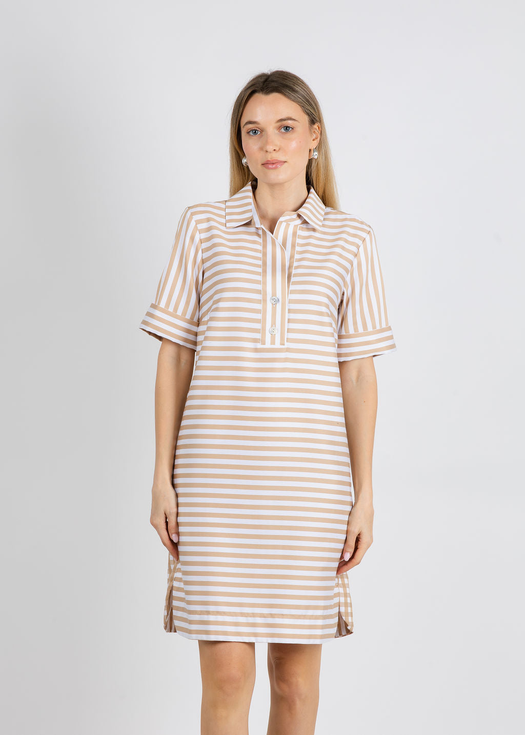 Hinson Wu Aileen Short Sleeve Stripe Gingham Dress in Latte available at Barbara Katz