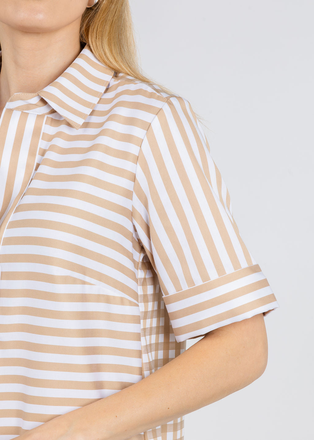 Hinson Wu Aileen Short Sleeve Stripe Gingham Dress in Latte available at Barbara Katz