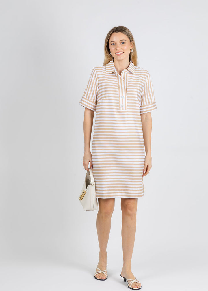 Hinson Wu Aileen Short Sleeve Stripe Gingham Dress in Latte available at Barbara Katz