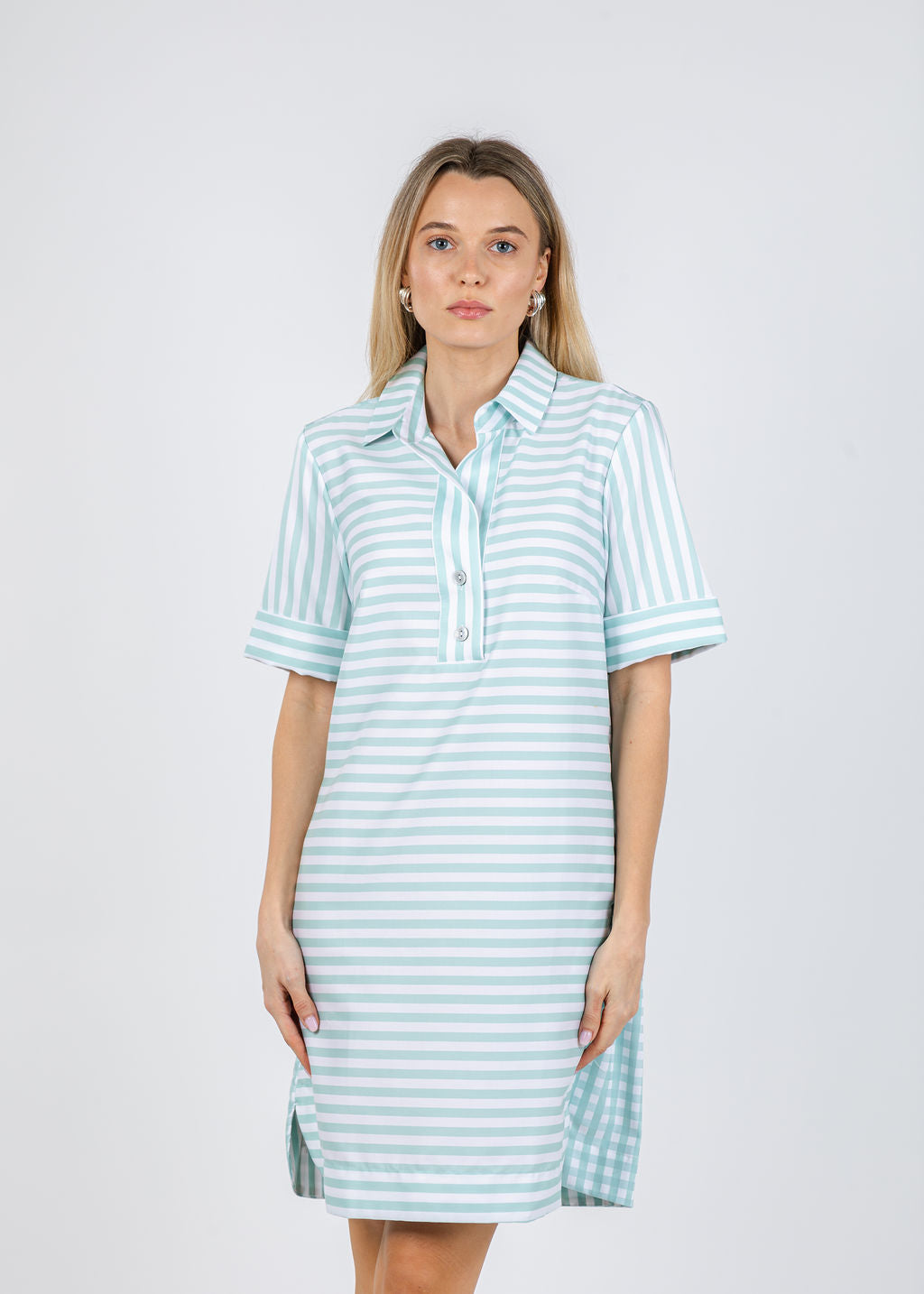 Hinson Wu Aileen Short Sleeve Stripe Gingham Dress in Seaglass available at Barbara Katz
