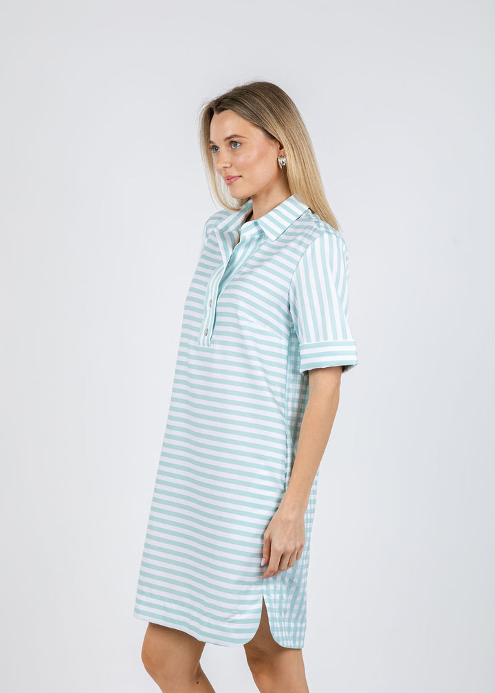 Hinson Wu Aileen Short Sleeve Stripe Gingham Dress in Seaglass available at Barbara Katz