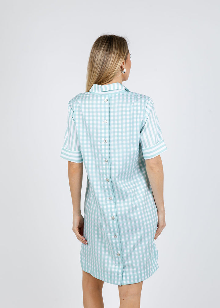 Hinson Wu Aileen Short Sleeve Stripe Gingham Dress in Seaglass available at Barbara Katz