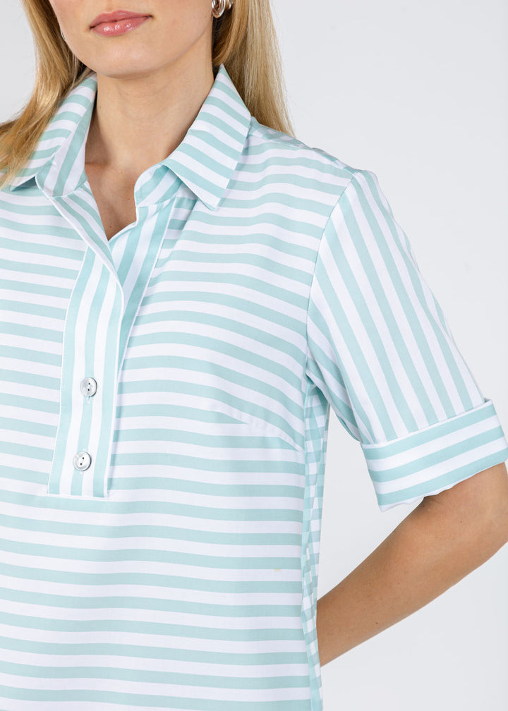 Hinson Wu Aileen Short Sleeve Stripe Gingham Dress in Seaglass available at Barbara Katz