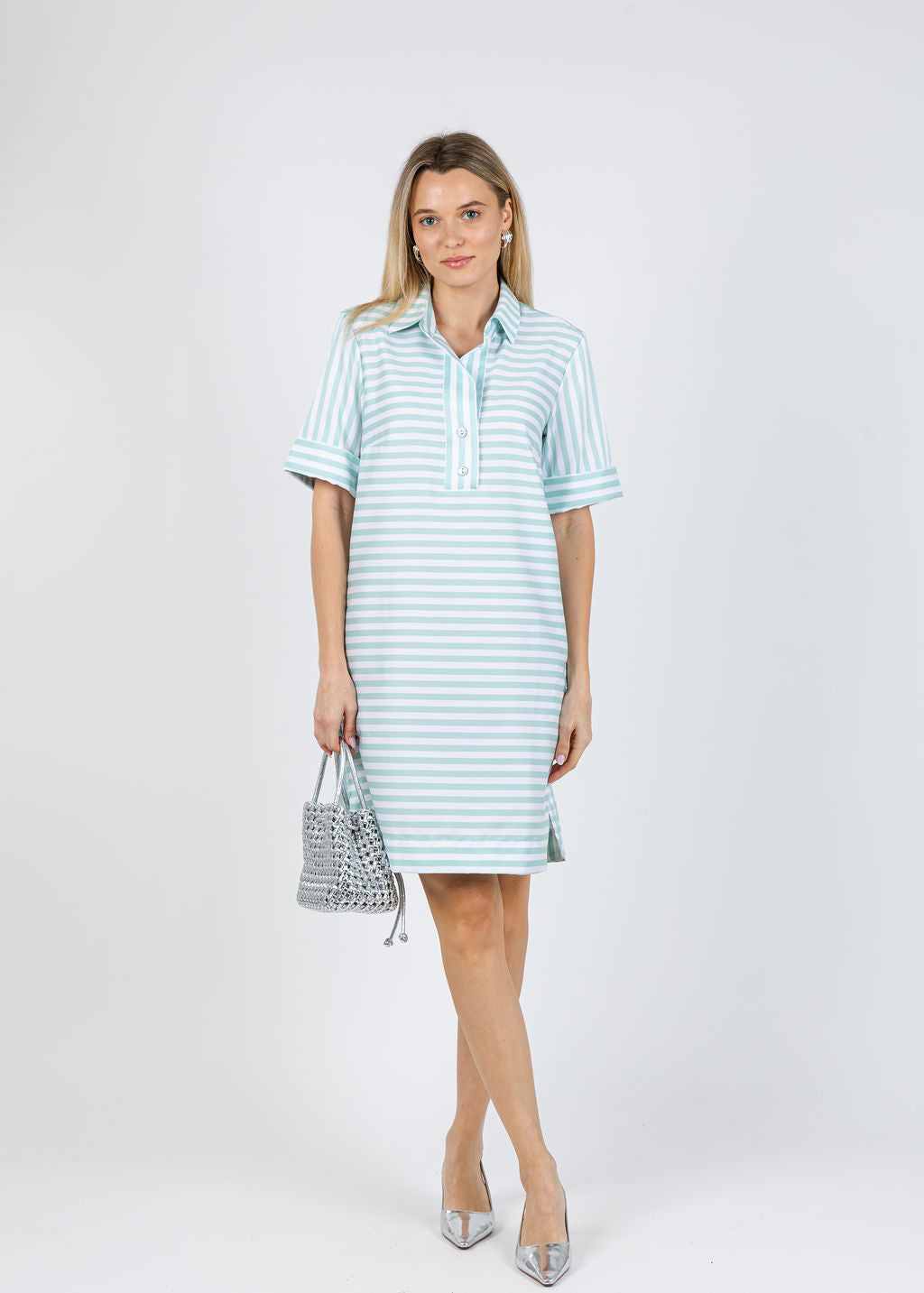 Hinson Wu Aileen Short Sleeve Stripe Gingham Dress in Seaglass available at Barbara Katz