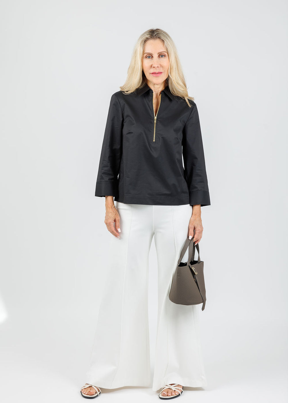Hinson Wu Alessa 3/4 Sleeve Shirt in Black paired with Ripley Rader Ponte Knit Cropped Wide Leg Pants in Off White available at Barbara Katz