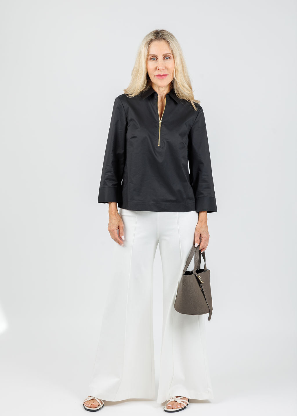Hinson Wu Alessa 3/4 Sleeve Shirt in Black paired with Ripley Rader Ponte Knit Cropped Wide Leg Pants in Off White available at Barbara Katz