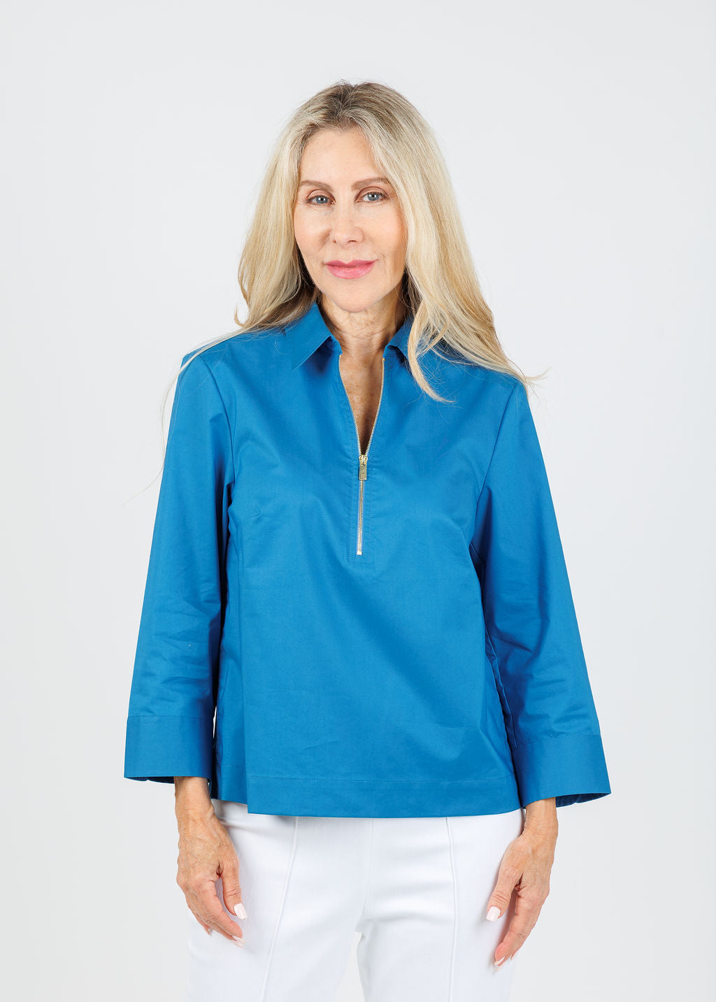Hinson Wu Alessa 3/4 Sleeve Shirt in Sapphire available at Barbara Katz
