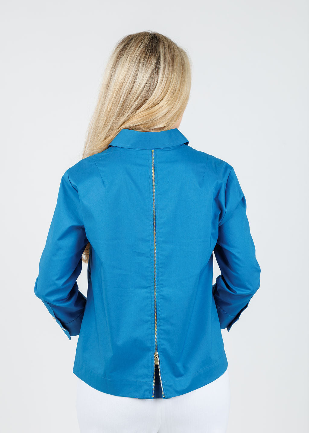 Hinson Wu Alessa 3/4 Sleeve Back Zip Top in Sapphire available at Barbara Katz