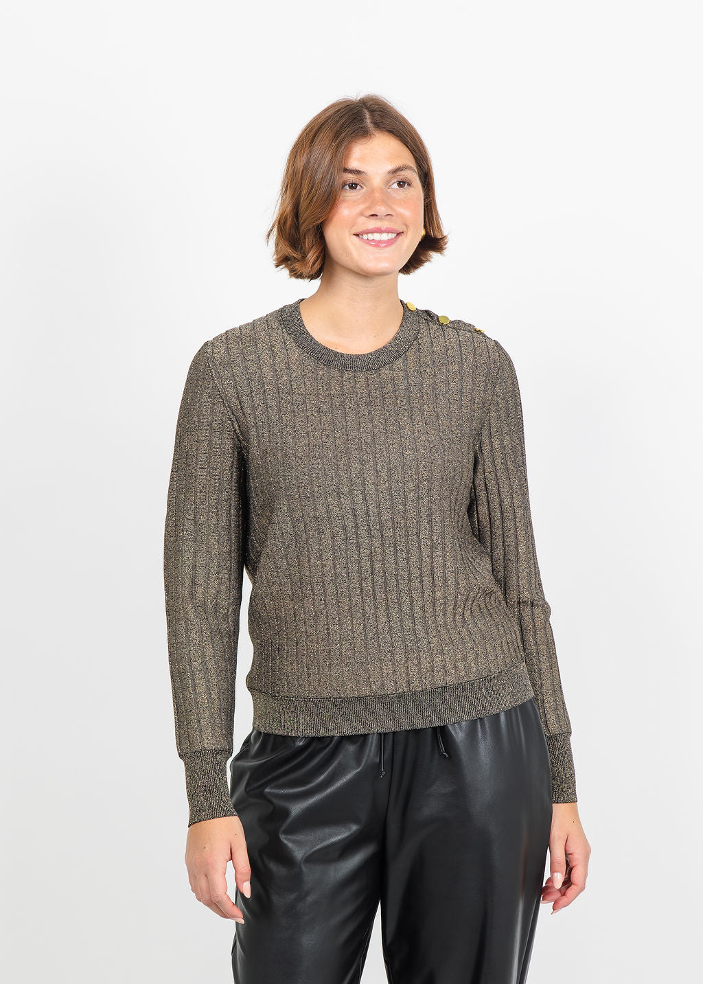 Hinson Wu Amber Shoulder Button Lurex Sweater in Gold available at Barbara Katz