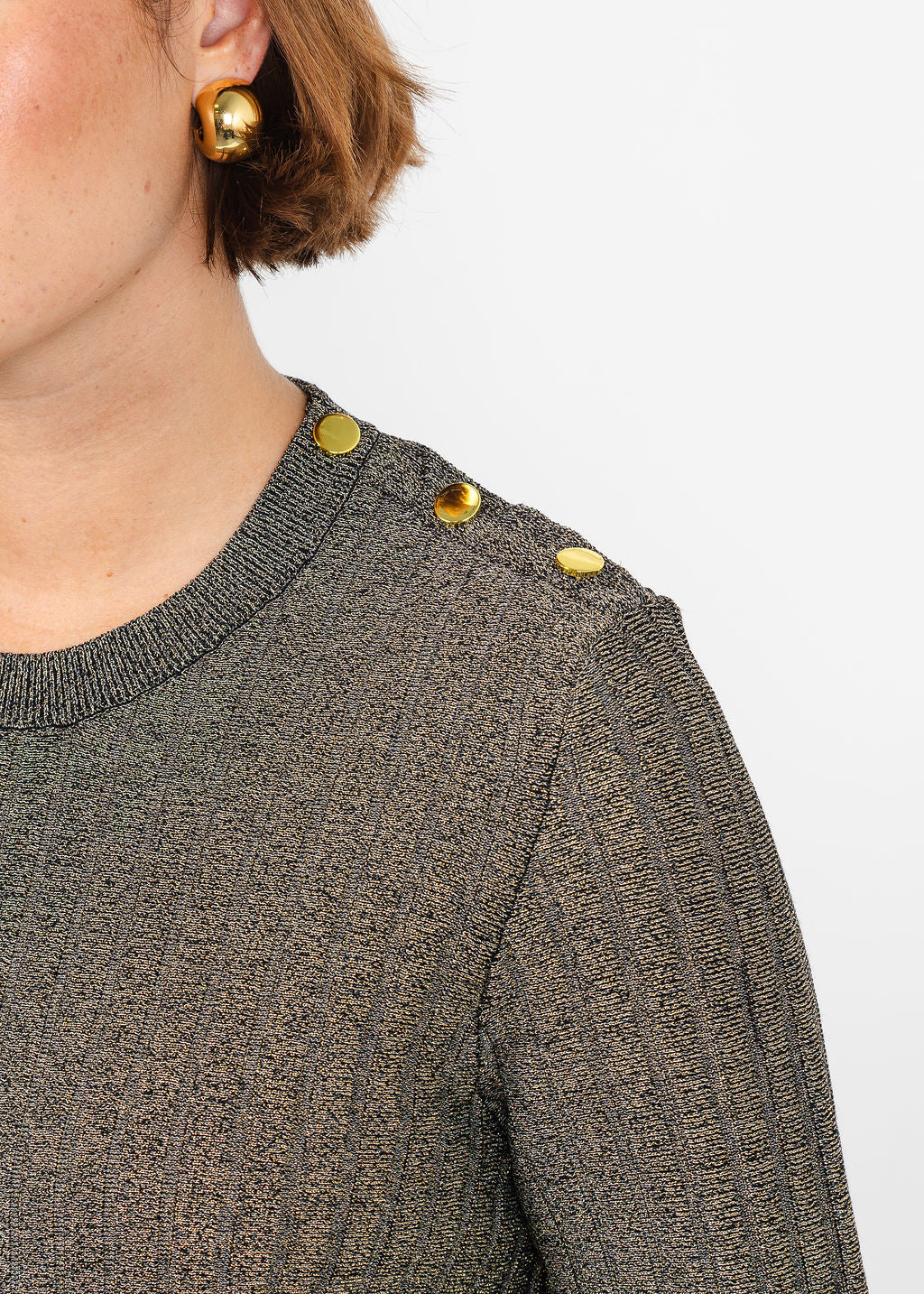 Hinson Wu Amber Shoulder Button Lurex Sweater in Gold available at Barbara Katz