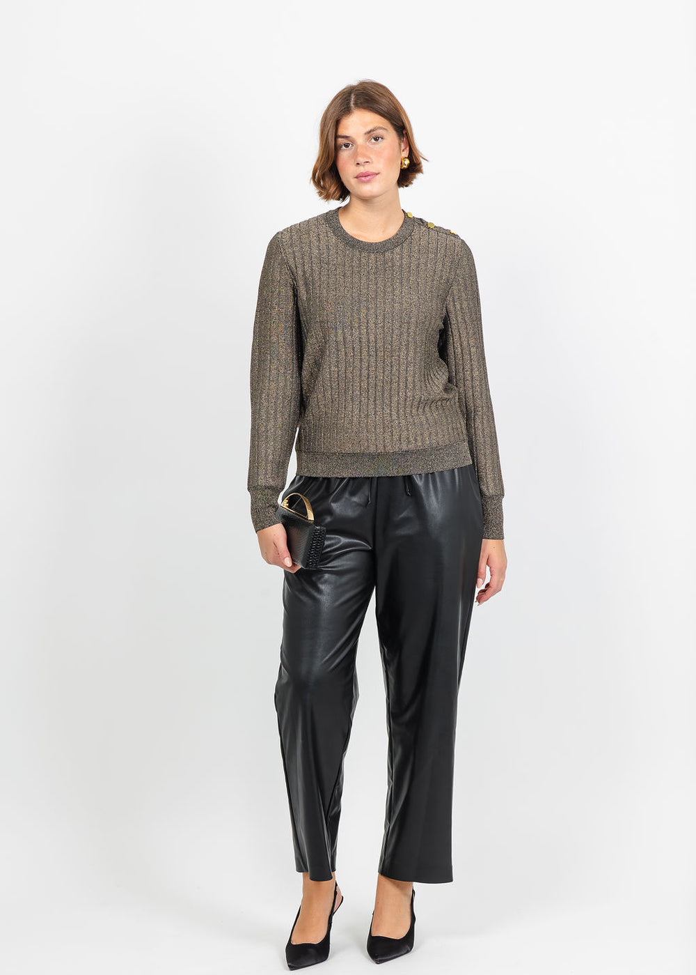 Hinson Wu Amber Shoulder Button Lurex Sweater in Gold paired with Joseph Ribkoff Leatherette Drawstring Pants in Black available at Barbara Katz