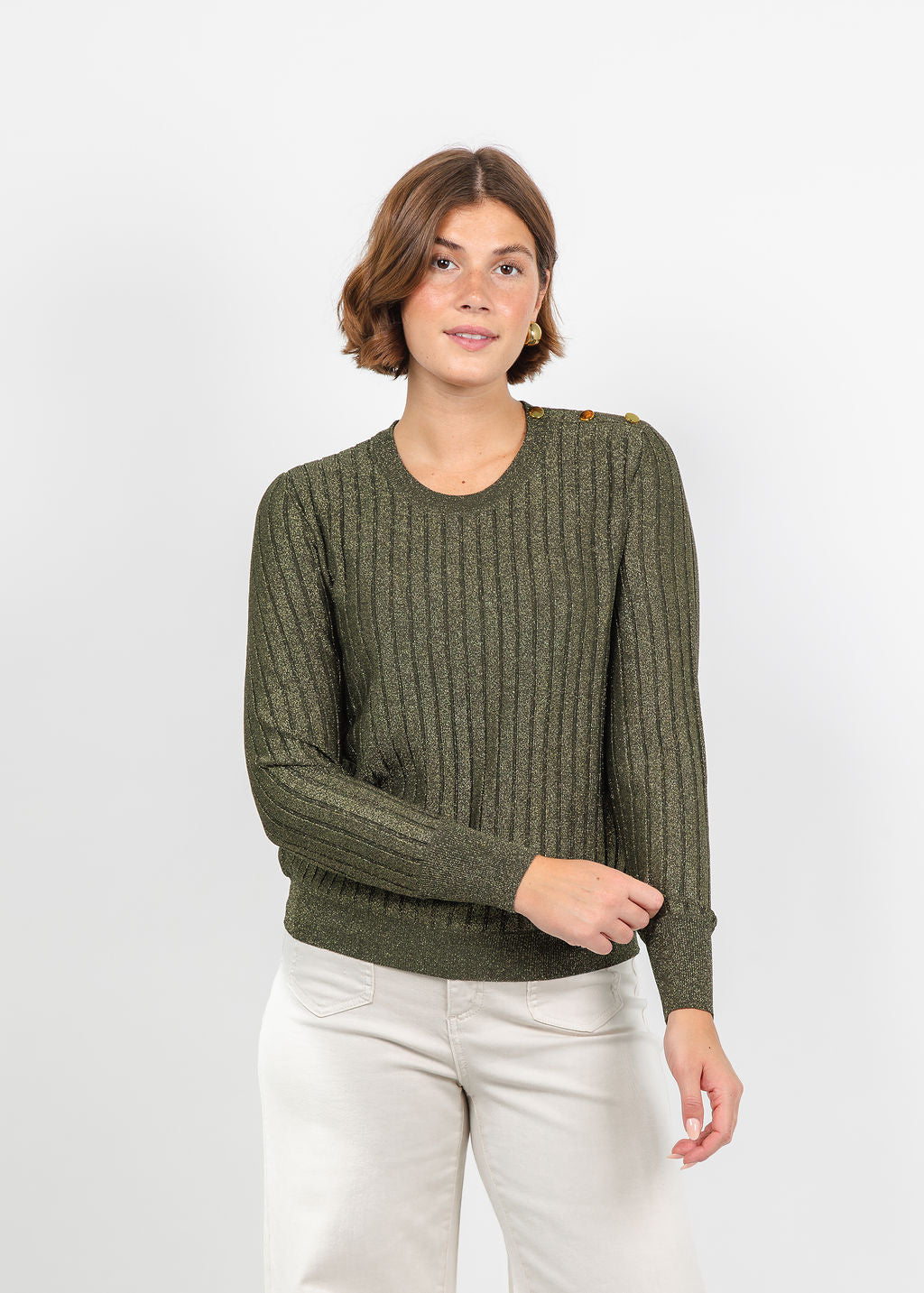 Hinson Wu Amber Shoulder Button Lurex Sweater in Oregano available at Barbara Katz
