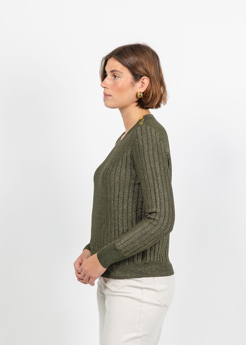 Hinson Wu Amber Shoulder Button Lurex Sweater in Oregano available at Barbara Katz