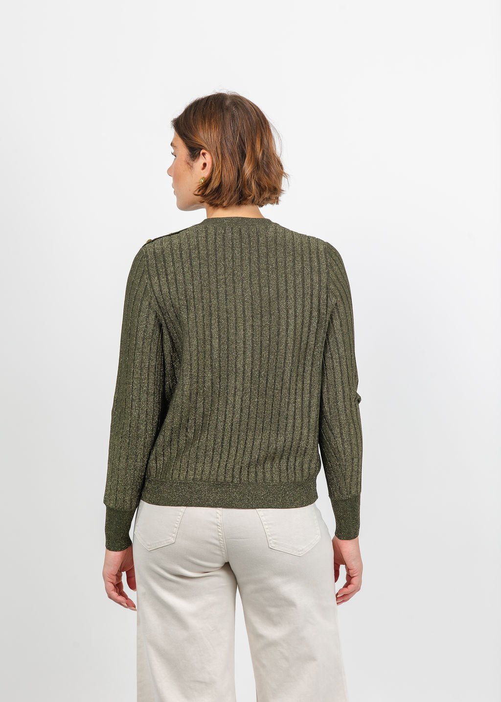 Hinson Wu Amber Shoulder Button Lurex Sweater in Oregano available at Barbara Katz
