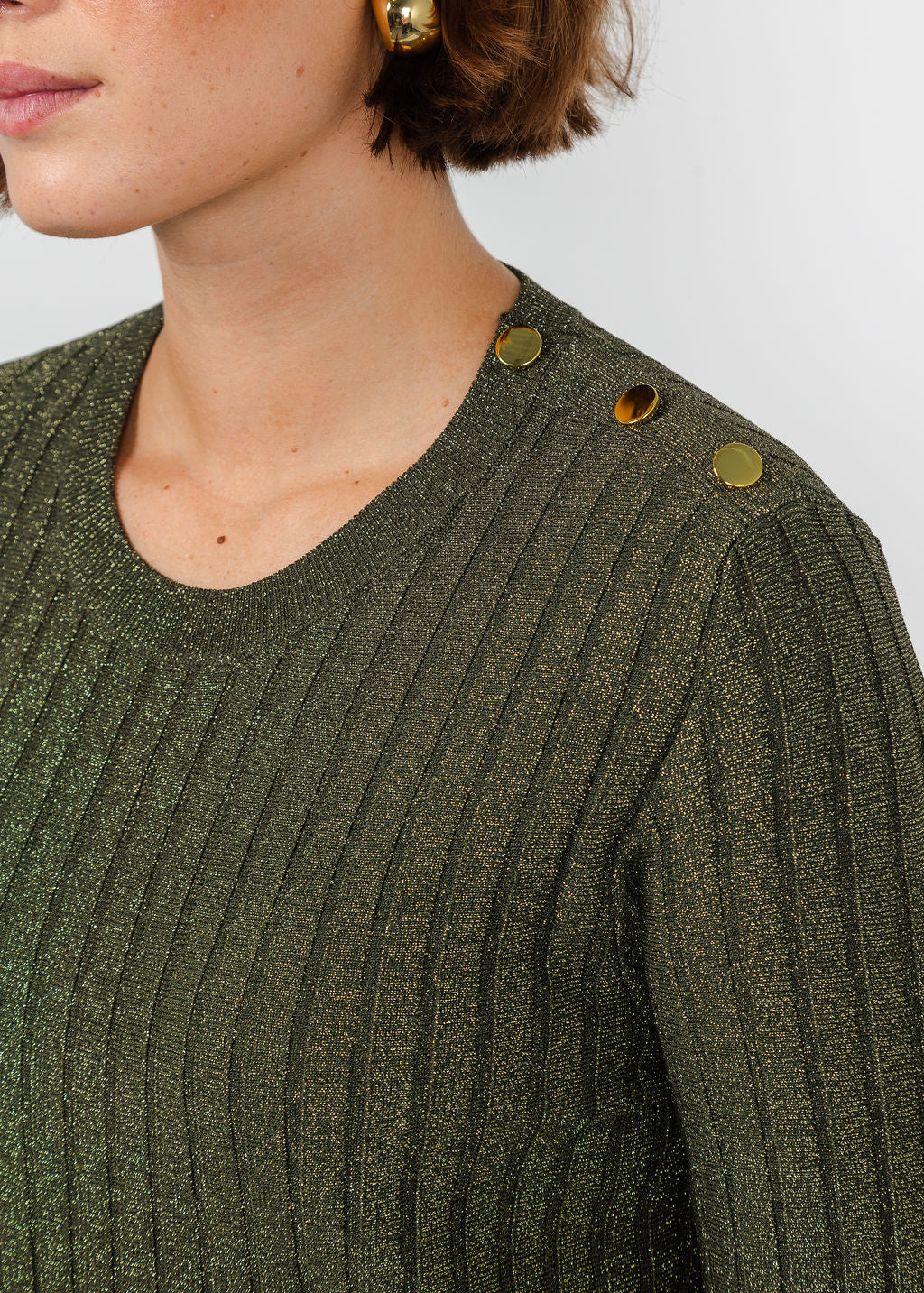 Hinson Wu Amber Shoulder Button Lurex Sweater in Oregano available at Barbara Katz