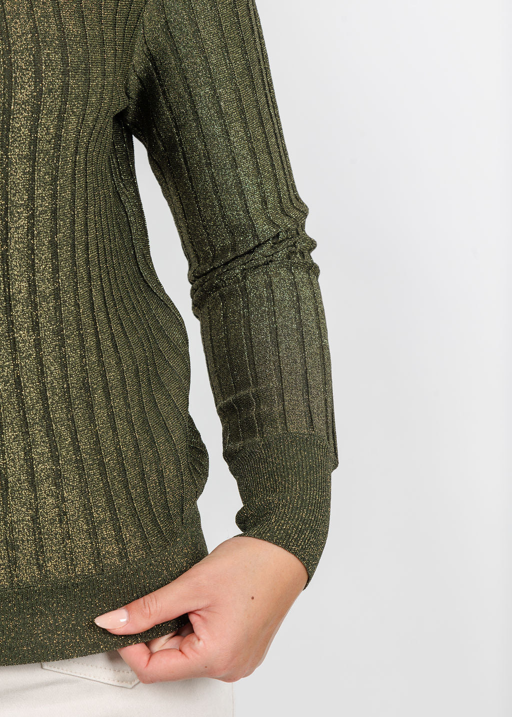 Hinson Wu Amber Shoulder Button Lurex Sweater in Oregano available at Barbara Katz