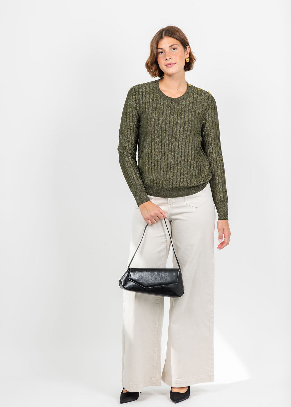 Hinson Wu Amber Shoulder Button Lurex Sweater in Oregano paired with Joseph Ribkoff Featherweave Denim Palazzo Jeans in Birch available at Barbara Katz