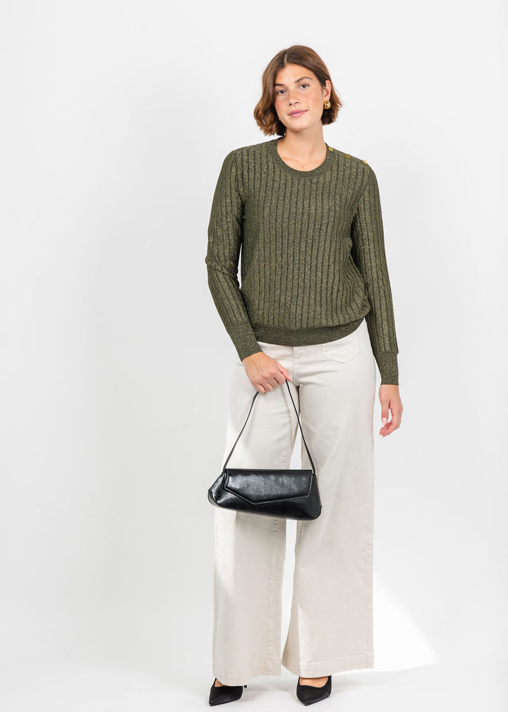 Hinson Wu Amber Shoulder Button Lurex Sweater in Oregano paired with Joseph Ribkoff Featherweave Denim Palazzo Jeans in Birch available at Barbara Katz