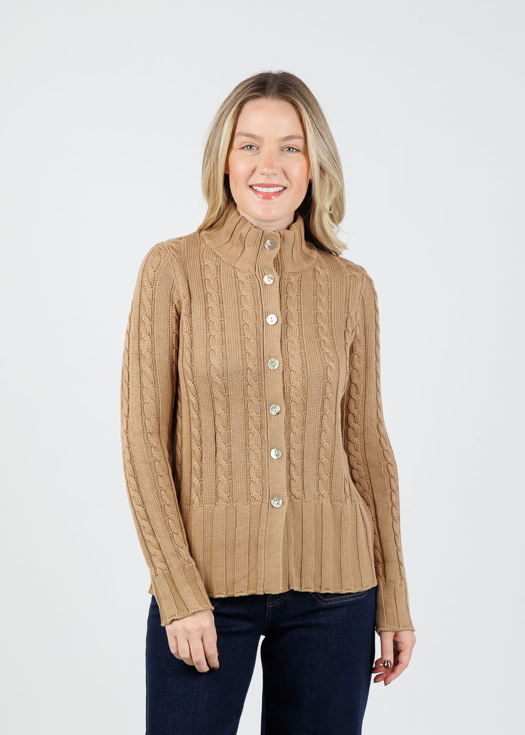 Hinson Wu Charlie Cable Long Sleeve Cardigan in Cappuccino available at Barbara Katz