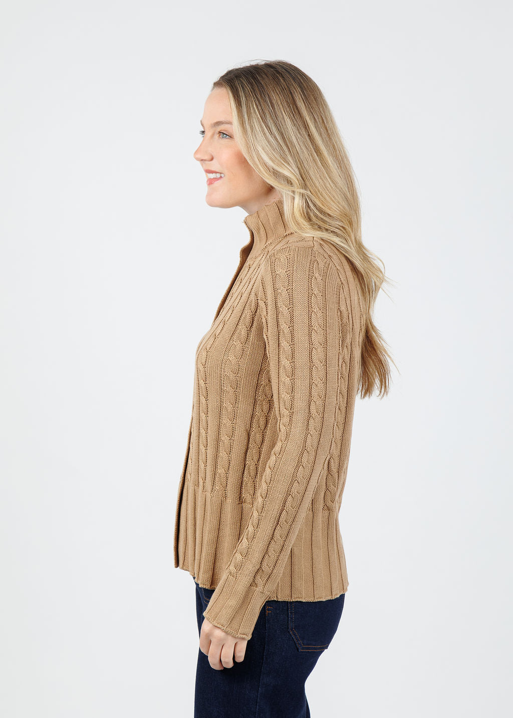 Hinson Wu Charlie Cable Long Sleeve Cardigan in Cappuccino available at Barbara Katz